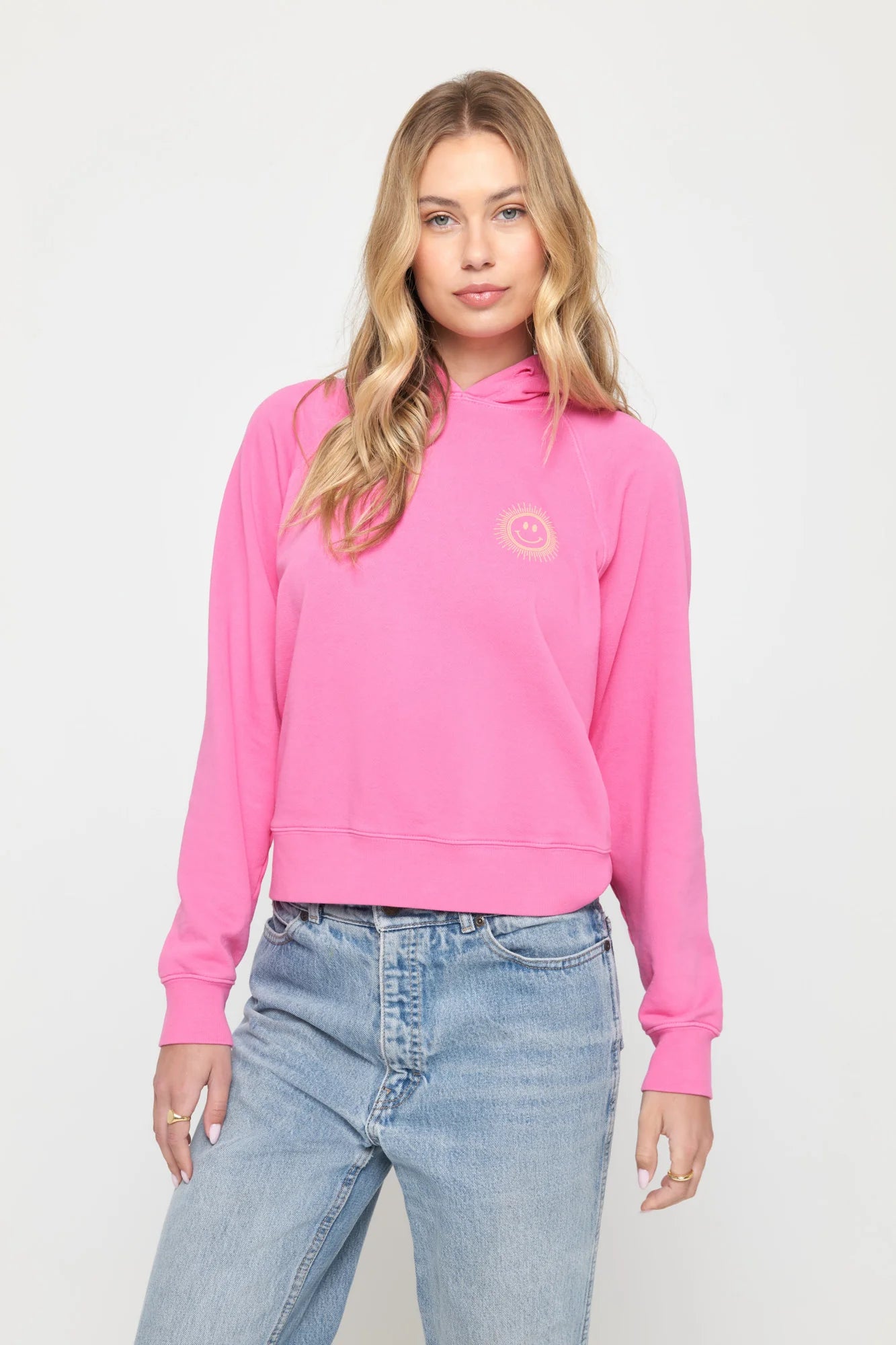 SUN SMILEY PINK WILDFLOWER CROP HOODIE Hoodie Dress Longline Feminine