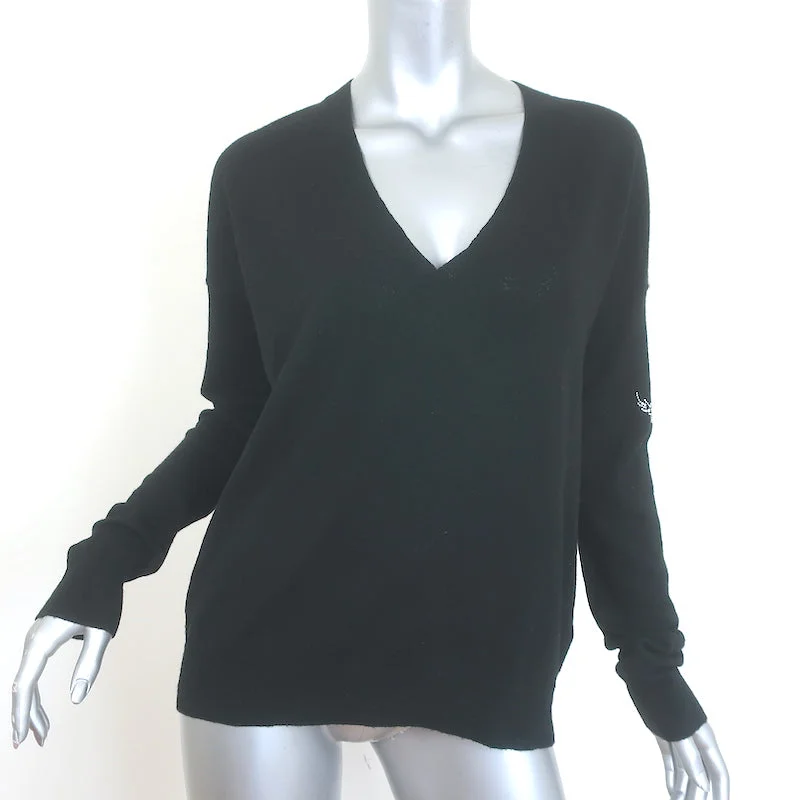 Zadig & Voltaire Happy Wings V-Neck Sweater Black Merino Wool Size Medium Welt Pockets Slit Pockets Flap Pockets Zadig & Voltaire Happy Wings V-Neck Sweater Black Merino Wool Size Medium Welt Pockets Slit Pockets Flap Pockets