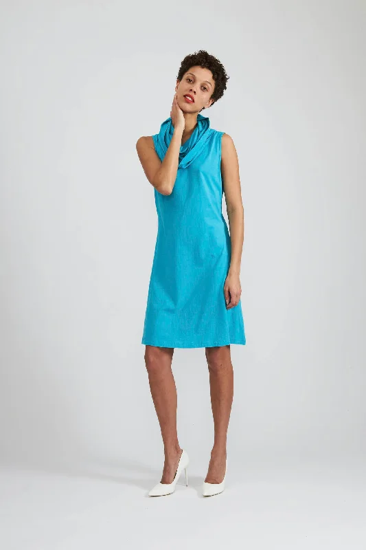 Norma Dress in Scuba Blue Jersey Square Neckline Feminine