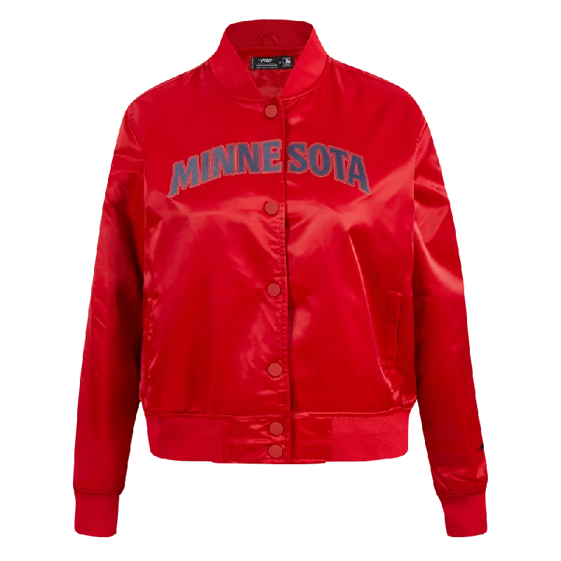 MLB MINNESOTA TWINS CLASSIC WOMEN'S SATIN JACKET (RED) Front Pockets Side Pockets Patch Pockets MLB MINNESOTA TWINS CLASSIC WOMEN'S SATIN JACKET (RED) Front Pockets Side Pockets Patch Pockets