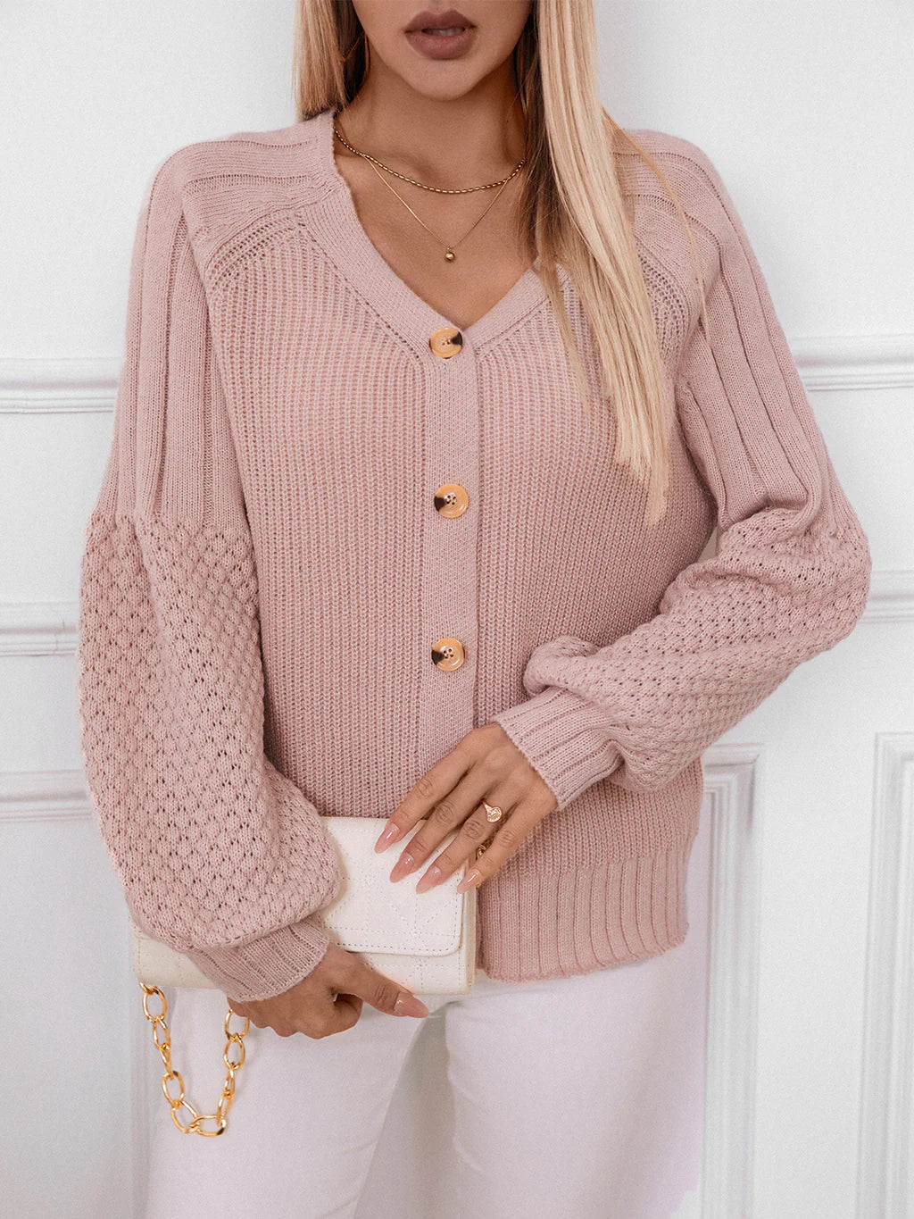 Solid Color Button Loose Lantern Sleeve Sweater Coat Wool Fabric Cashmere Fabric Tweed Fabric