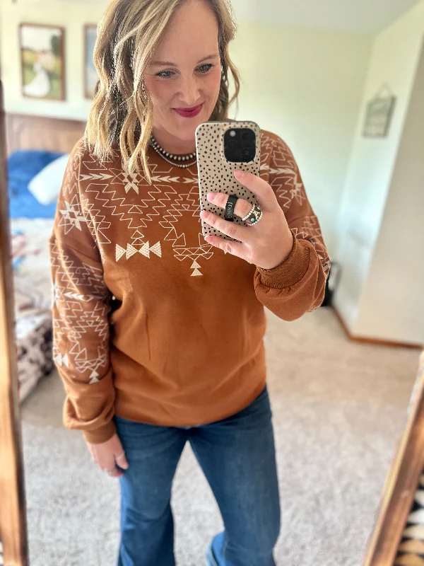 Brown Aztec Embroidered Sweatshirt Hoodie with Print Artistic Unique