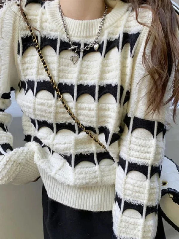 Contrast Color Jacquard Crew Neck Sweater Terry Blend Velvet Blend Canvas Blend