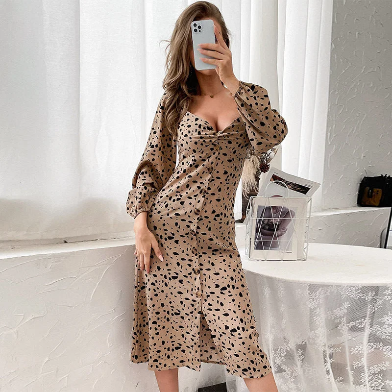 IKEARLAX 2023  Autumn  Women's Leopard Print V-Neck Split Long Sleeve Milking Dress Tunics Custom made