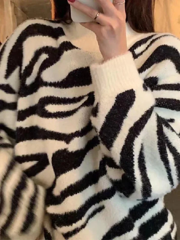 Zebra Jacquard Mock Neck Knit Sweater Cable Knit Ribbed Knit Lace Knit