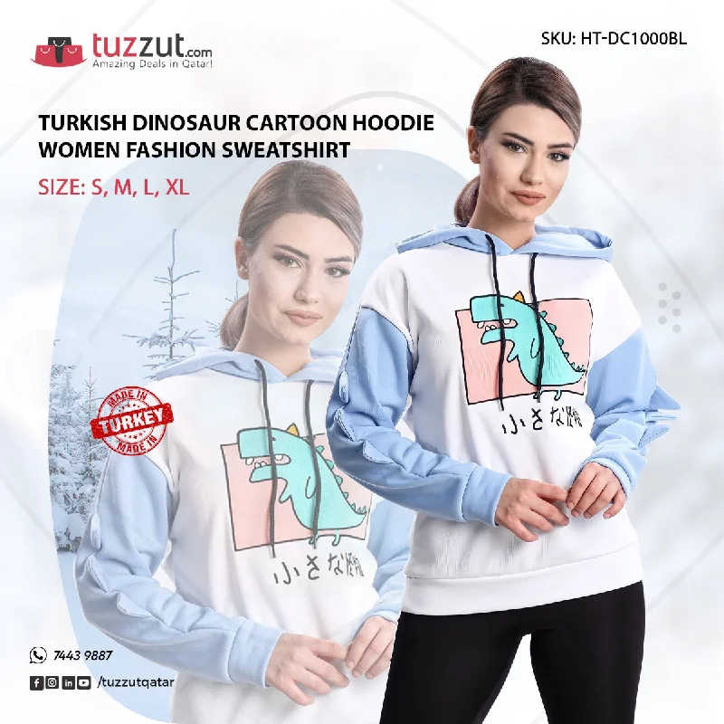 Turkish Dinosaur Cartoon Hoodie Women Fashion Sweatshirt - Blue Hoodie with Stripes Bold Sporty