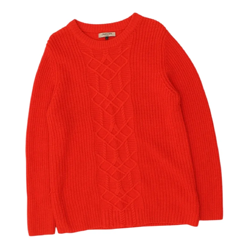 Jaeger Womens Red Cable Knit Jumper | Vintage High End Designer Sweater VTG Lace Blend Ribbed Blend Corduroy Blend