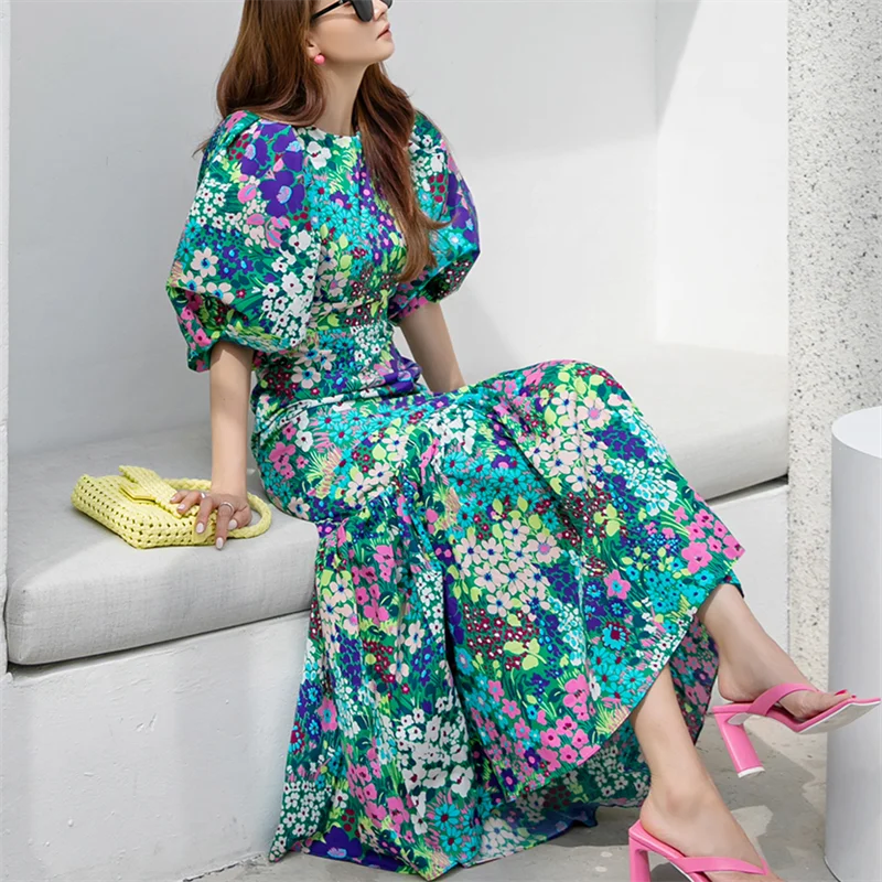 Wjczt Korean Vintage Flower Printed Dress Women Puff Sleeve High Waist Celebrity Long Calf Dress Elegant Ladies Sheath Mermaid Dresses Boatneck Modish Everyday
