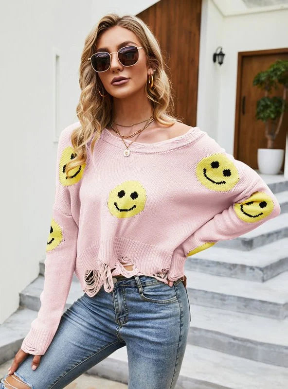 CLASSY LOOSE HOLES LONG-SLEEVED V-NECK SWEATER Front Pockets Side Pockets Patch Pockets