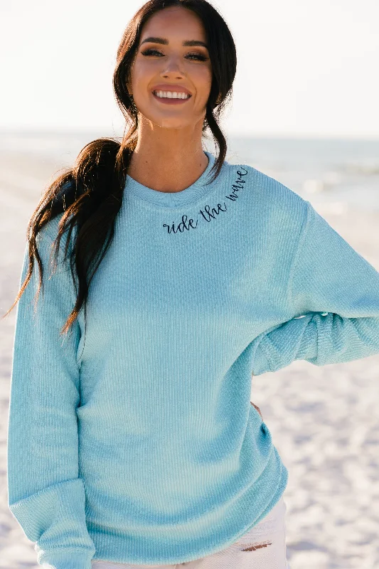 Ride The Wave Aqua Blue Embroidered Corded Sweatshirt Hoodie with Pattern Geometric Abstract