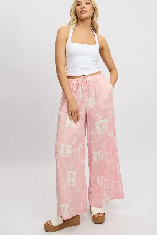 Pink Abstract Wide Leg Pants High Rise Soft Cotton Pants