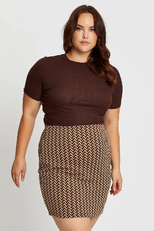 Brown Zig Zag Print Mini Skirt pencil skirt chic