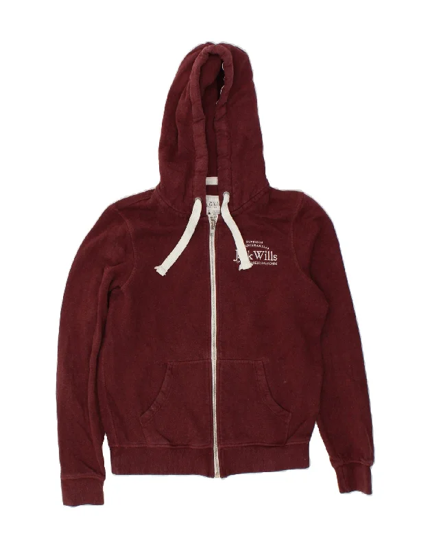 JACK WILLS Womens Graphic Zip Hoodie Sweater UK 10 Small Burgundy Cotton Soft Cozy Warm