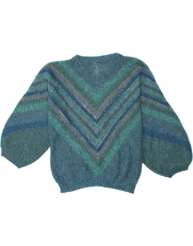 VINTAGE Womens V-Neck Jumper Sweater UK 14 Medium Blue Chevron Handmade Hand-knitted Hand-woven