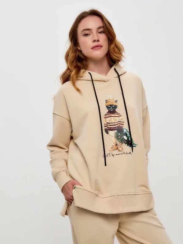 Beige Printed Oversized Hoodie CHRISTMAS CAT Hoodie with Applique Textured Unique