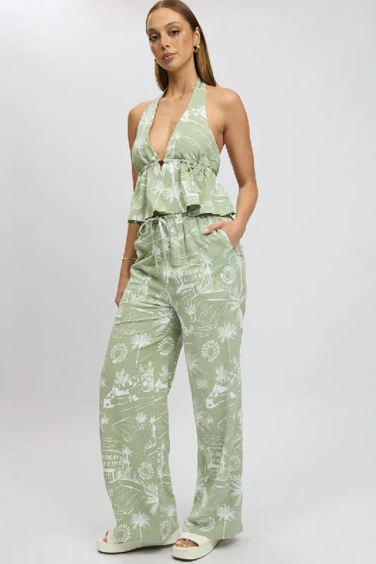 Green Abstract Wide Leg Pants High Rise Relaxed Casual Leggings