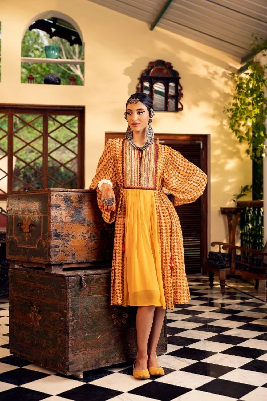 Yellow Printed  & Embroidered Dress Tunics Fashionable trendy