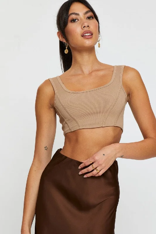 Brown Crop Tank Top Sleeveless Round Neck Seamless stretchy tank top