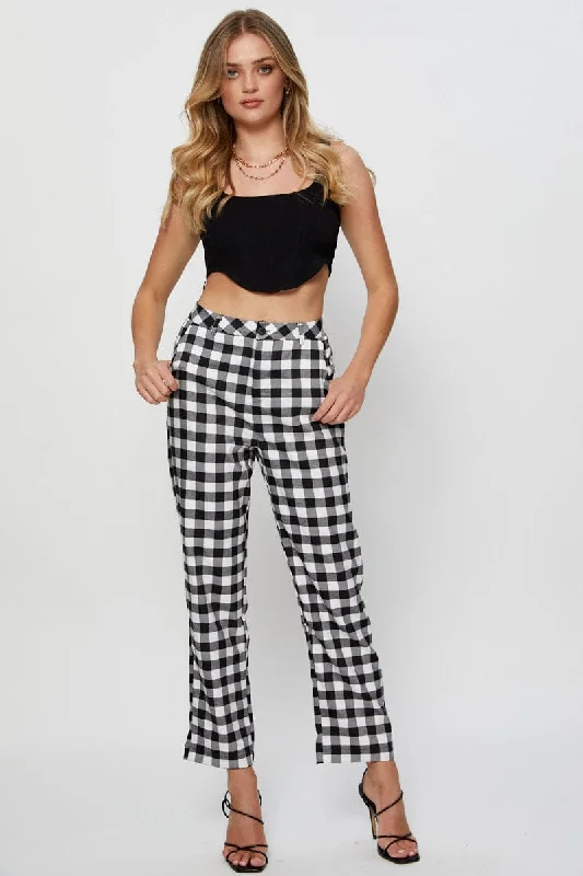 Check Slim Pants High Rise Relaxed Fit Trousers