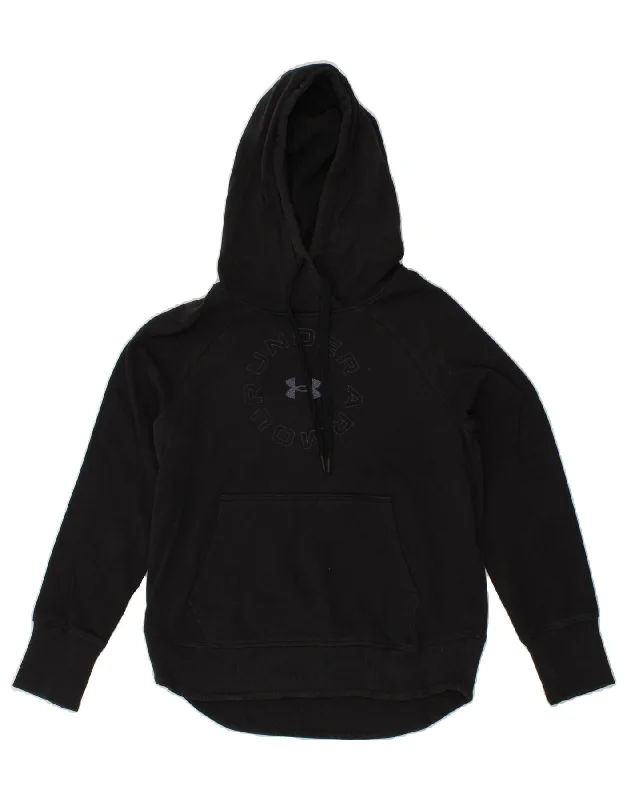 UNDER ARMOUR Womens Oversized Graphic Hoodie Jumper UK 6 XS Black Cotton Hoodie with Frayed Bohemian Relaxed