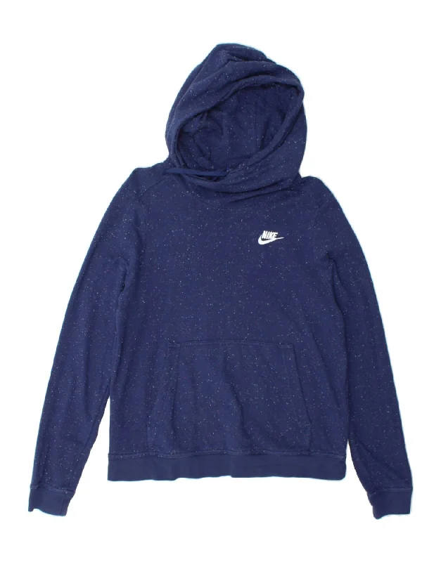 NIKE Womens Hoodie Jumper UK 14 Medium Navy Blue Flecked Cotton Hoodie with Drawstring Waist Adjustable Fitted