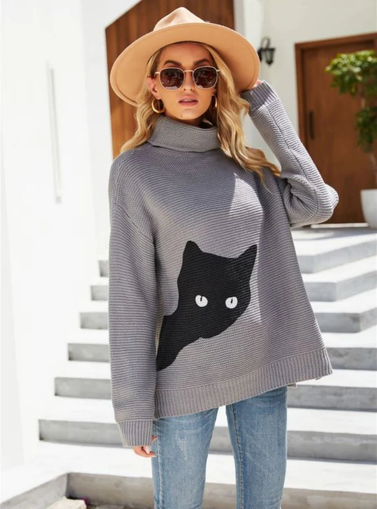 CLASSY PRINTED KITTEN TURTLENECK SWEATER Spandex Rayon Corduroy