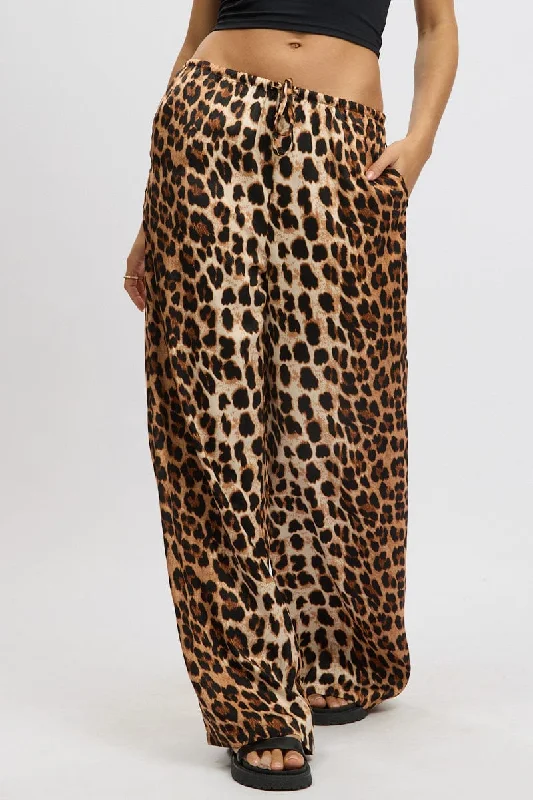 Brown Animal Print Wide Leg Pants Elasticated Waist Wide-Legged Palazzos