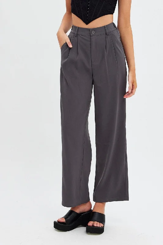 Grey Wide Leg Pants High Rise Soft Wool Pants