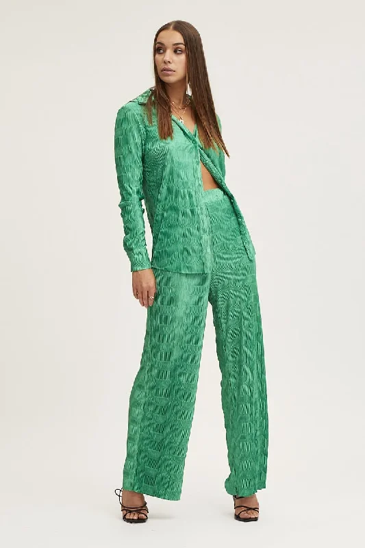 Green Plisse Pants Wide Leg High Rise Lightweight Jogger Pants