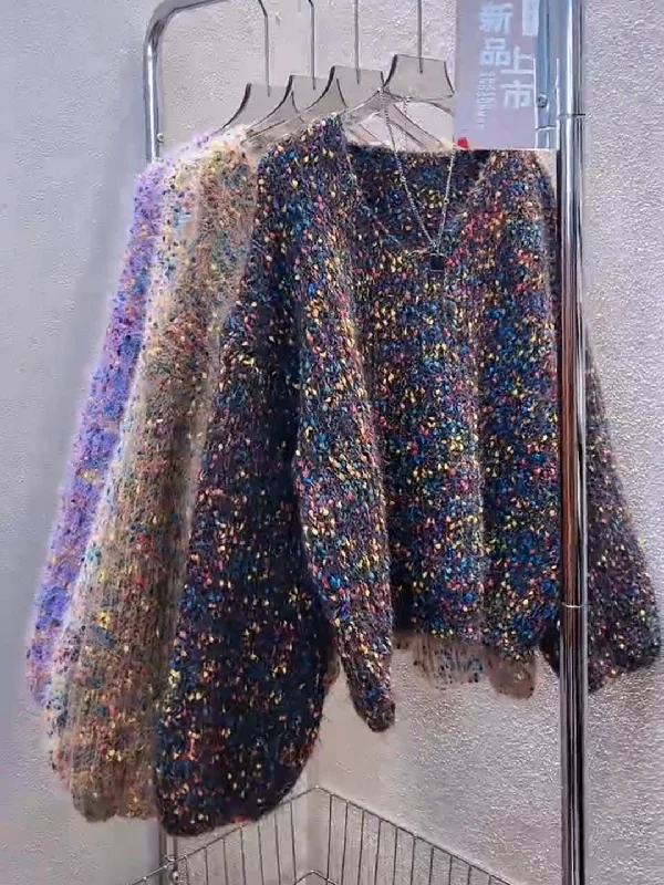 Relaxed Fit Speckled Knit Sweater Real Fur Shearling Chenille