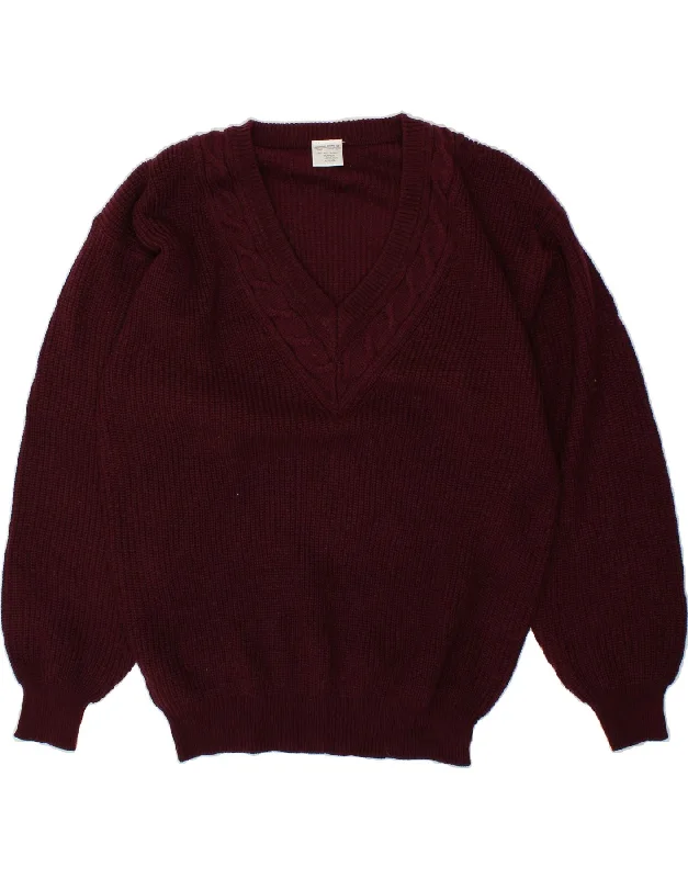 VINTAGE Womens V-Neck Jumper Sweater UK 18 XL Maroon Polyacrylic Fitted Slim Tailored