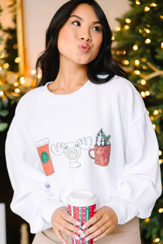Holiday Cheer White Graphic Corded Sweatshirt Hoodie Crop Top Short Trendy
