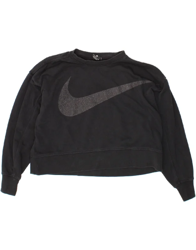 NIKE Womens Dri Fit Oversized Crop Sweatshirt Jumper UK 10 Small Black Hoodie with Camouflage Military Edgy