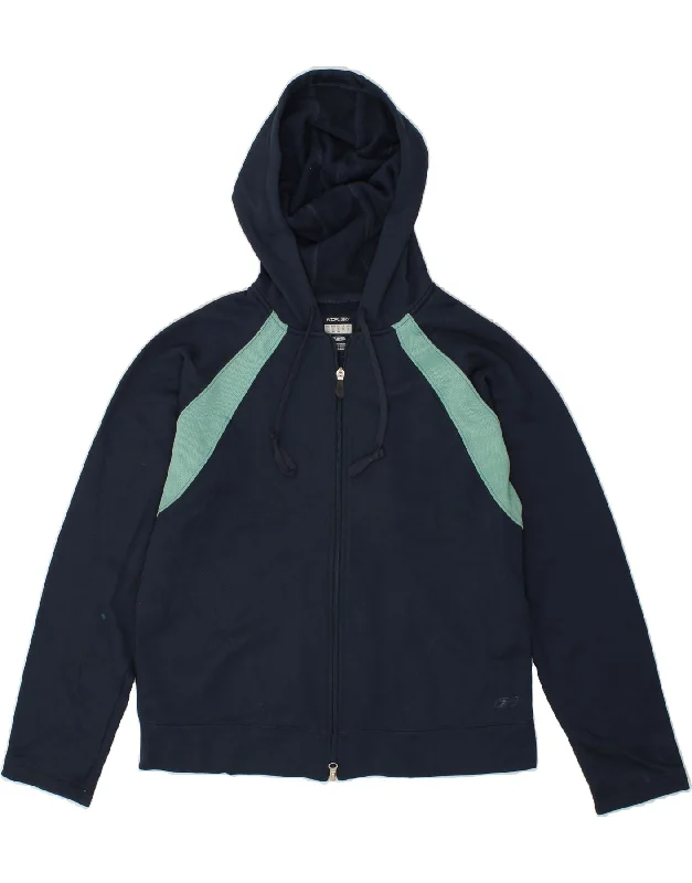 REEBOK Womens Zip Hoodie Sweater UK 14 Large  Navy Blue Colourblock Terry Terry Cloth Terry Knit