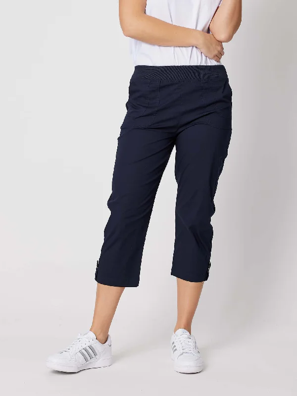 Santorini Cropped Cotton Pant - Navy Casual Drawstring Pants