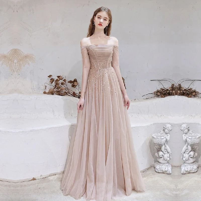 Wjczt Gorgeous Evening Dresses 2023 Nude Pink Sexy Off Shoulder Beaded Beading Sequined Long Sleeve Formal Gown Tunics Denim casual