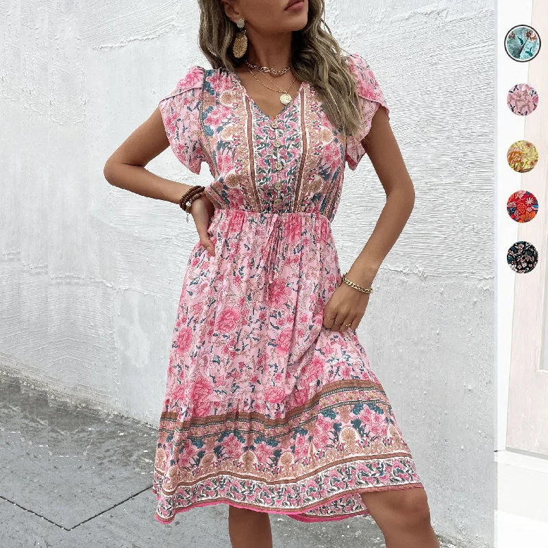 IKEARLAX Cross-border  trade    women's clothing skirt summer v-neck bohemian ruffle edge printed dress Tunics Fall fleece