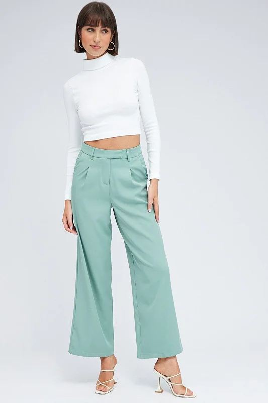 Green Wide Leg Pants High Rise Casual Lounge Pants