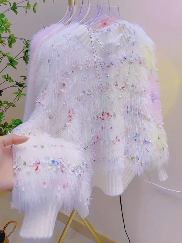 Colorful Bead Embellishments Shaggy Fringe White Sweater Sweater Knitwear Pullover
