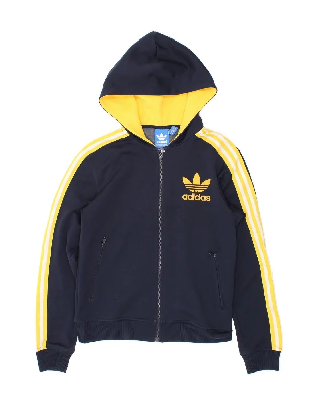 ADIDAS Womens Graphic Zip Hoodie Sweater UK 6 XS Navy Blue Colourblock Iron Safe Non-Iron Wrinkle Free