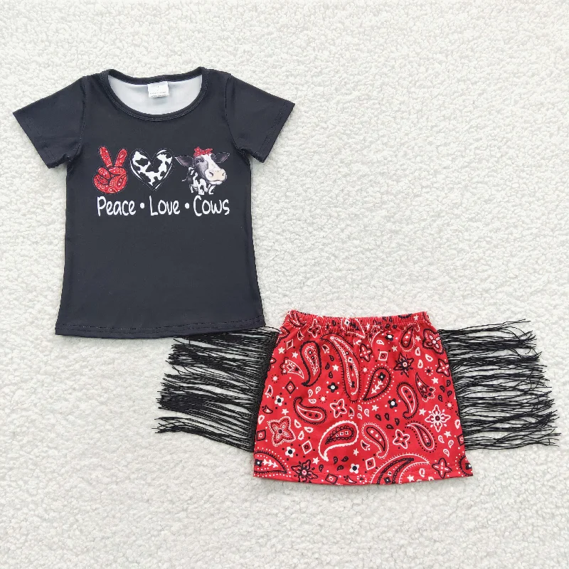 Clearance GSD0302 Girls cows Short sleeve red fringe skirt set belted skirt waist