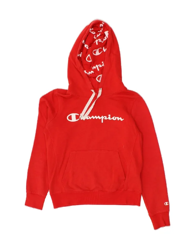 CHAMPION Womens Crop Graphic Hoodie Jumper UK 6 XS Red Cotton Hoodie Dress Longline Feminine