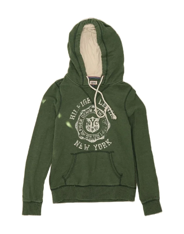 TOMMY HILFIGER Womens Graphic Hoodie Jumper UK 10 Small Green Cotton Hoodie with Raw Hem Edgy Unfinished