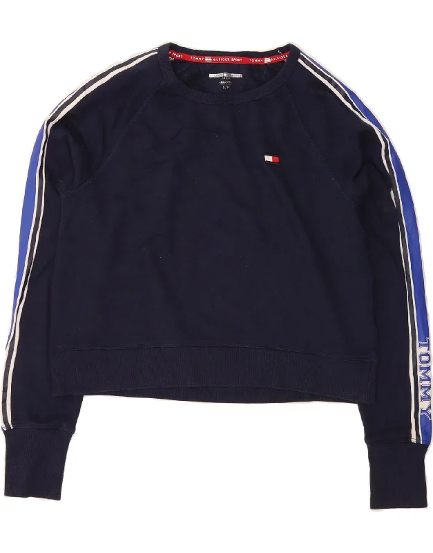 TOMMY HILFIGER Womens Crop Sweatshirt Jumper UK 10 Small Navy Blue Graphic Hoodie Design Print