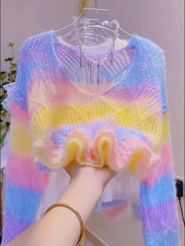 Knit V-Neck Fluffy Pastel Rainbow Sweater Long Sweater Short Sweater Cropped Sweater Knit V-Neck Fluffy Pastel Rainbow Sweater Long Sweater Short Sweater Cropped Sweater