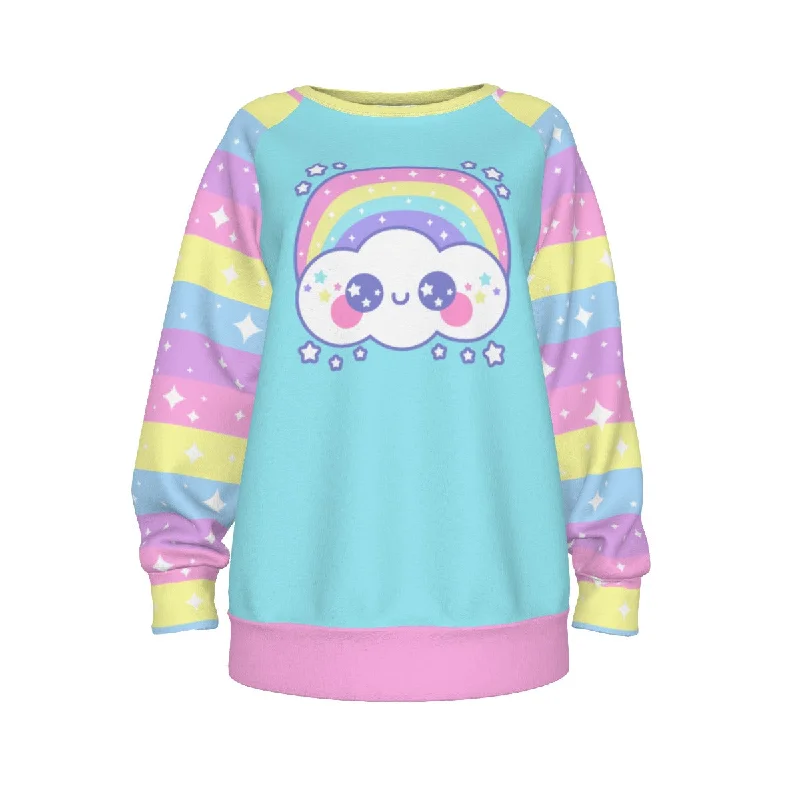 Happy Rainbow Cloud Blue Women's Raglan Sleeve Sweatshirt Oversized Hoodie Comfort Casual