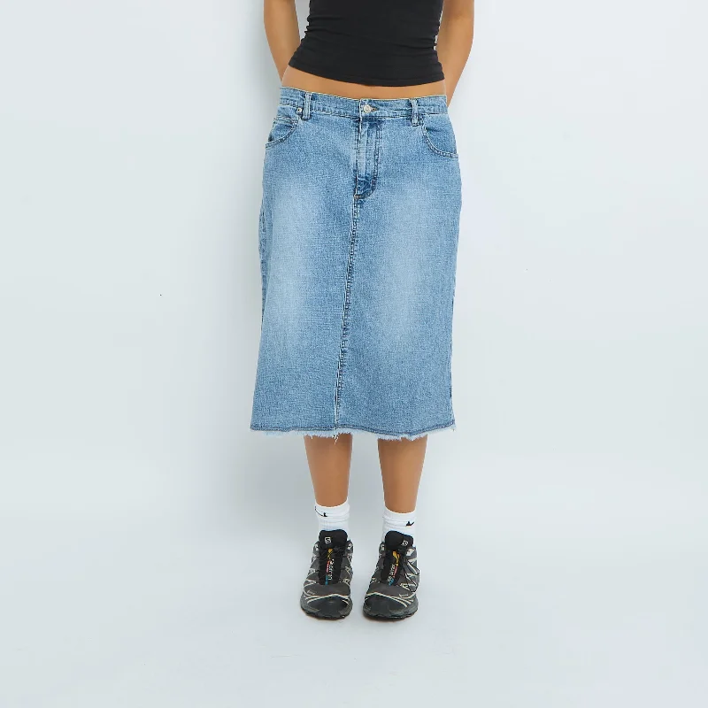 Denim Washed Frayed Hem Midi Skirt - UK 12 silk skirt sleek