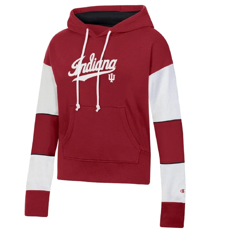 Indiana Hoosiers Women's Champion Striped-Sleeve Hoodie Hoodie with Hem Elastic Stretchable Comfortable