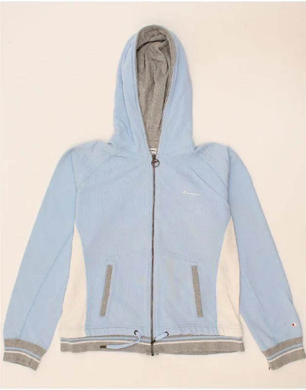 CHAMPION Womens Zip Hoodie Sweater UK 16 Large Blue Colourblock Cotton Hoodie with Raw Hem Edgy Unfinished