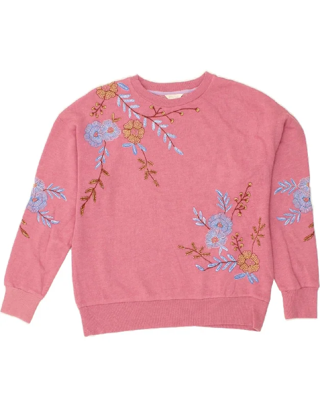 WHITE STUFF Womens Oversized Sweatshirt Jumper UK 10 Small Pink Floral Hoodie with Applique Textured Unique